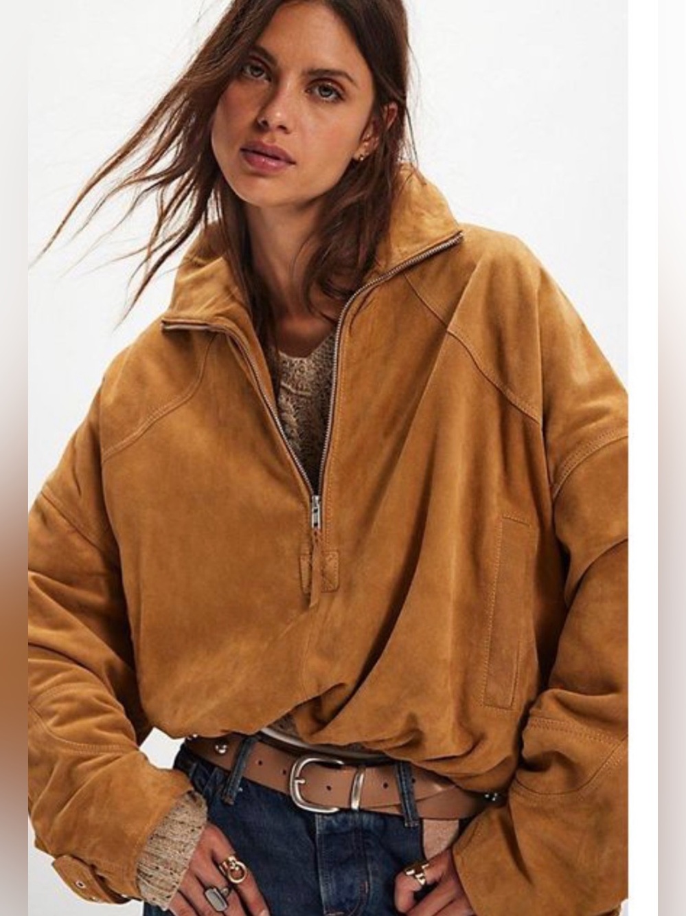 Free People Sonny Suede Pullover jacket 1/2 zip Tan sz S oversized New with tag - Picture 2 of 13